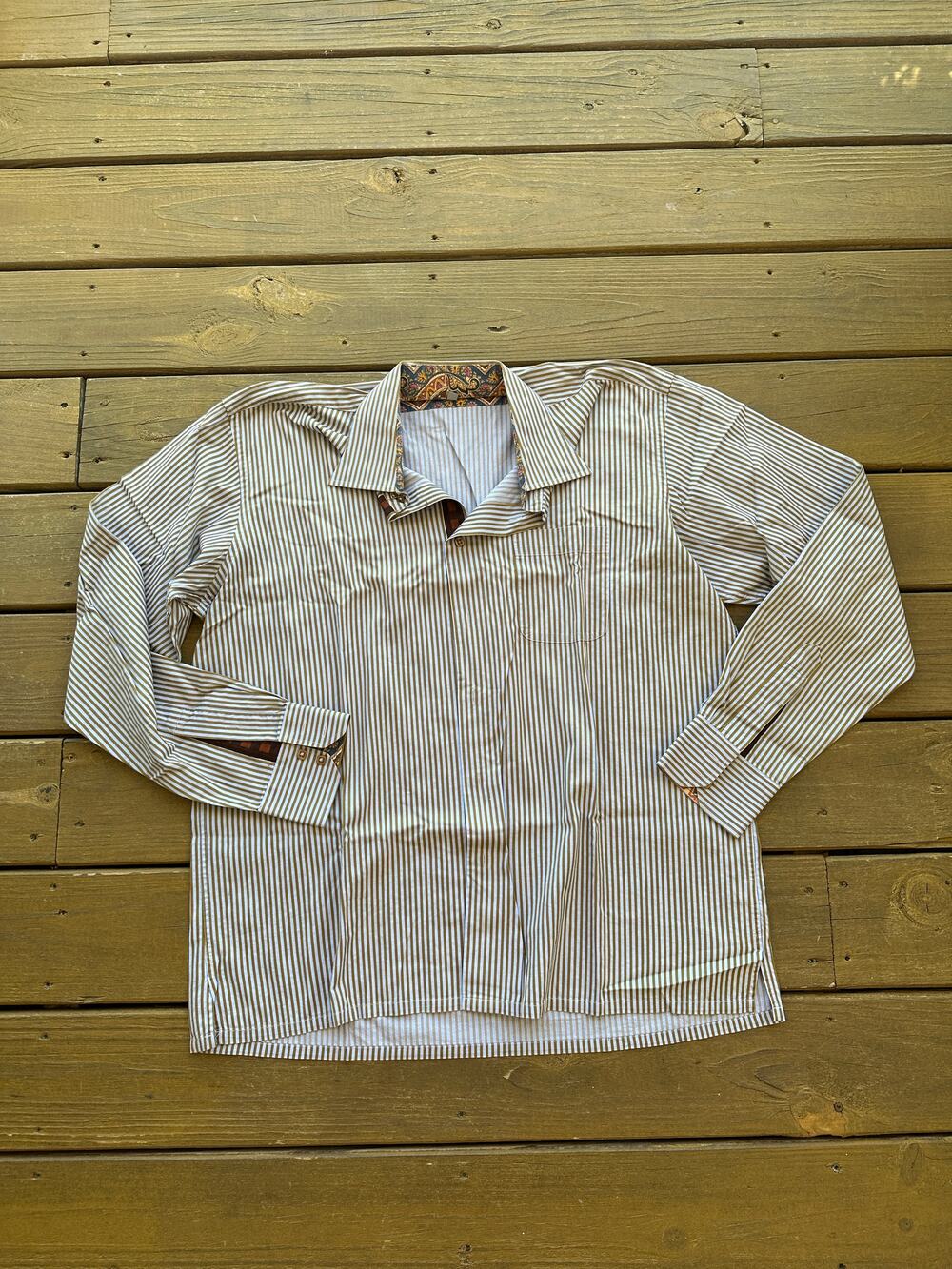 Men's Luchiano Visconti Brown and Blue Striped Button Up Shirt